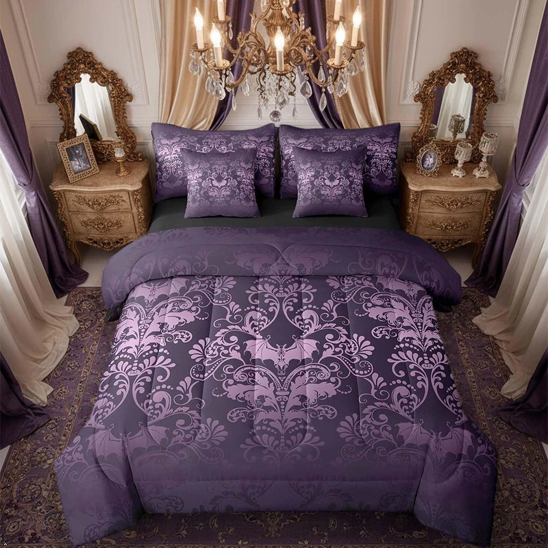 Erosebridal Gothic Damask Bed in a Bag Queen Comforter Set 7 Piece,Halloween Bat Bedding Sets Purple Victorian Floral Goth Sheet Set with Comforter