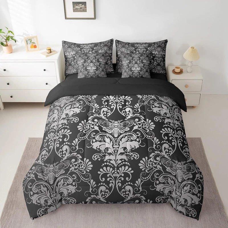 Erosebridal Gothic Damask Bed in a Bag King Size Comforter Set 7 Pieces,Exotic Moth Bedding Sets Black White Victorian Floral Goth Sheet Set with Comforter