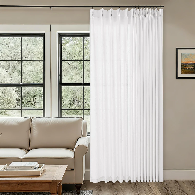 Extra Wide Pinch Pleat 100 x 84 Inch Linen Curtains for Living Room Divider White Light Filtering Semi Sheer Pleated Drapes Patio Curtains for Sliding Door Floor to Ceiling Window Drapes Panels - Image 1