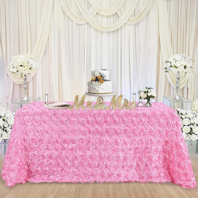 B-COOL 90x156 Inch Pink Tablecloth 3D Floral Rosette Satin Table Cloth