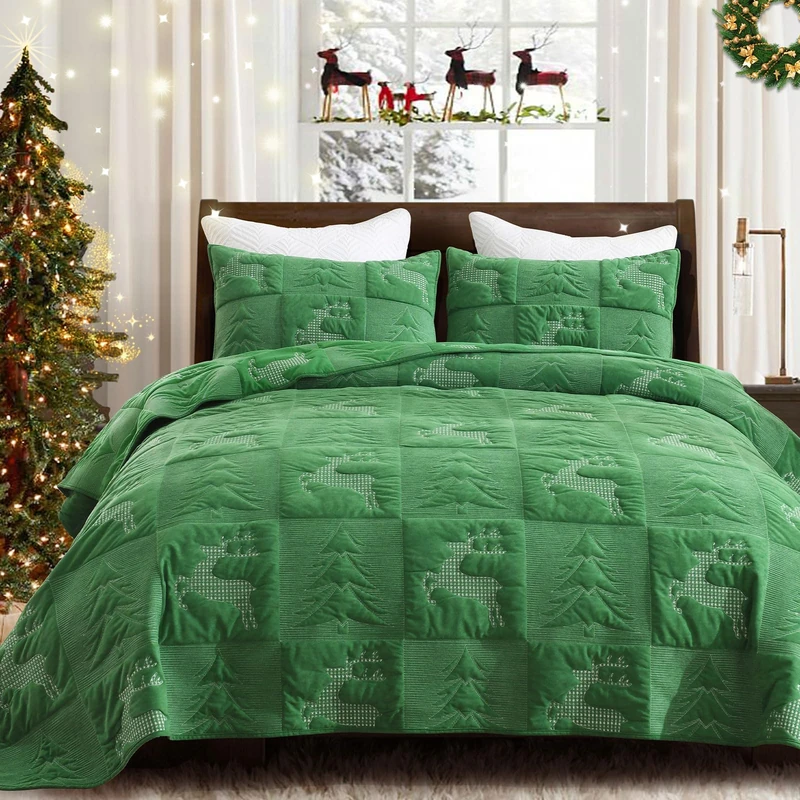 Grassix Christmas Quilt King Size, 3 Pieces Velvet Quilt Set with Xmas Tree Reindeer Pattern, Soft Lightweight Christmas Bedspread Coverlet with Shams, Holiday Bedding, Green, 108"x96" - Image 1