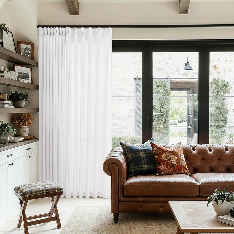 Extra Wide Pleated 96 Inch Long Linen Curtains 100 Inches Wide for Living Room Divider Light Filtering Semi Sheer Pinch Pleat White Curtains for Floor to Ceiling Patio Sliding Door 96 Inch Length