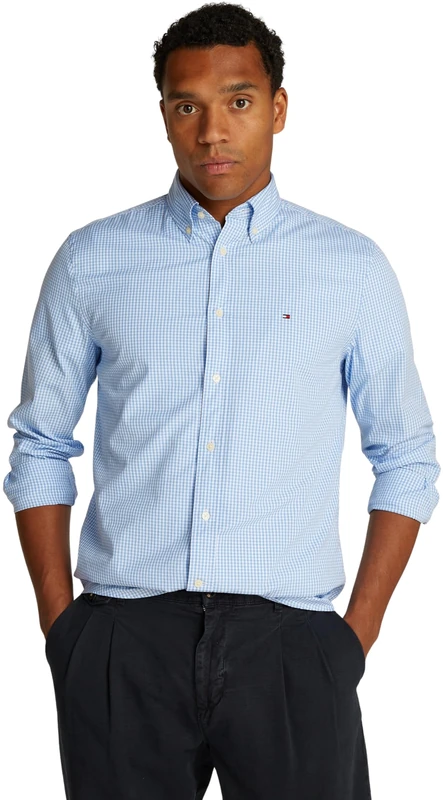 Tommy Hilfiger Men’s Flex Poplin Gingham Regular Fit Shirt, Multicolor (Sweet Blue/Optic White), S