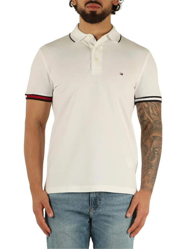 Tommy Hilfiger Men’s Short Sleeve Flag Cuff Slim Fit Polo Shirt, White (White), M