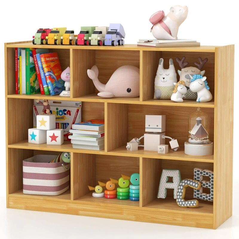 GYMAX 8 Cube Kids Bookcase, 3-Tier Children Storage Shelf Unit, Wooden Toddler Bookshelf Toy Storage Organizer for Kids Room, Playroom and Nursery (Natural)
