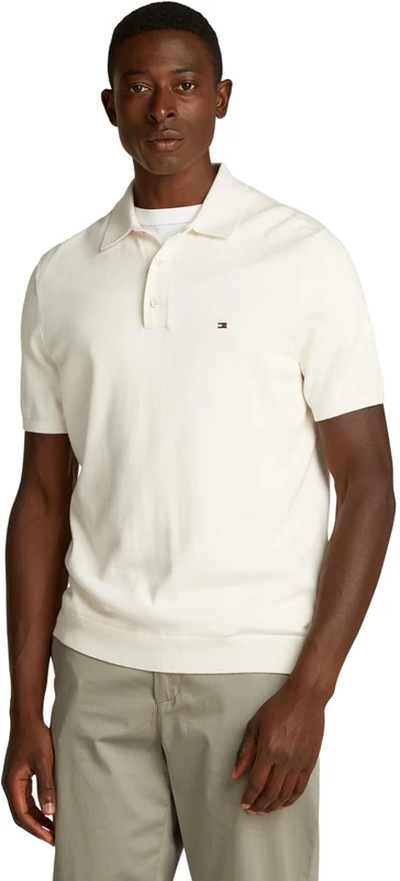 Tommy Hilfiger Men’s Short Sleeve Essential Cotton Knitted Dick Polo Shirt, Off-White (Ivory Petal), S