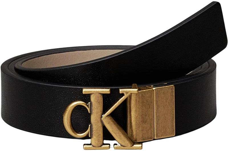 Calvin Klein Women's Monogram Plaque Buckle 2.5 cm Reversible Belt, Multicolor (Na Black/Crockery/Tumbled Gold), 31.5 inches