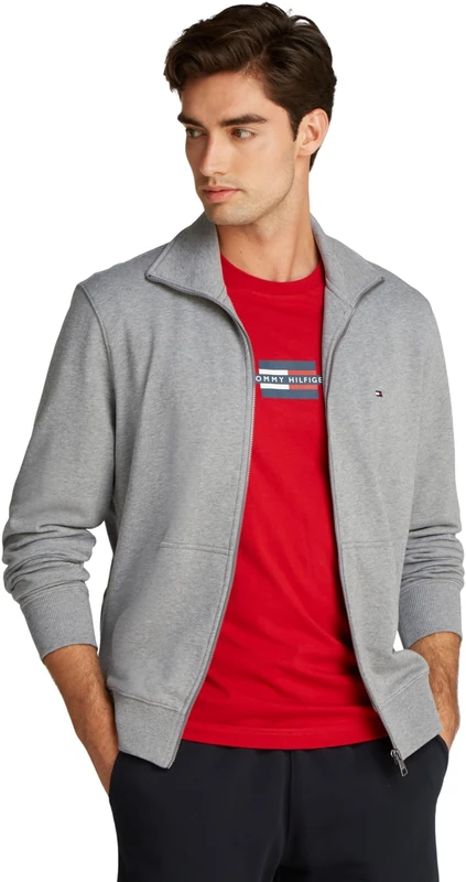 Tommy Hilfiger Men’s Essential Terry Zipped Sweatshirt with Stand Collar, Grey (Medium Grey Heather), XS
