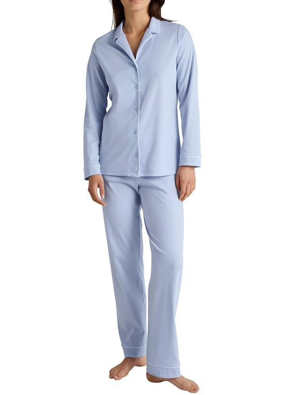CALIDA Night Lovers Women's 100% Supima Cotton Buttoned Pyjamas with Fabric Covered Elastic Waistband, Harmony Blue, 48-50