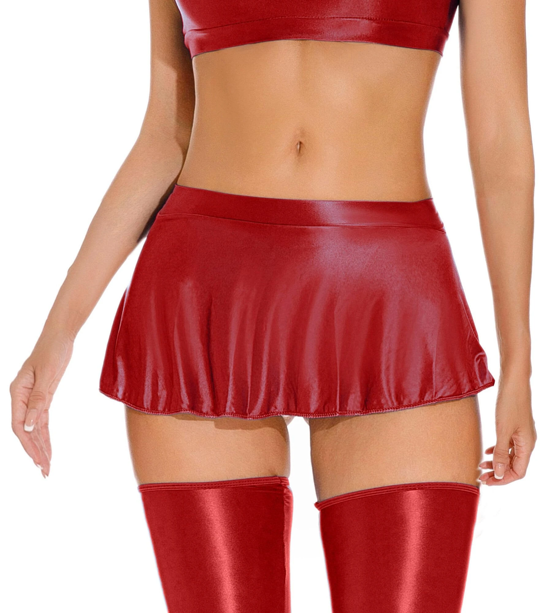 Metallic Pleated Mini Skirt - Glossy & Stretchy, Sexy A Line, Silk, Transparent, Shiny & Hot, See-Through, Flared Red XL