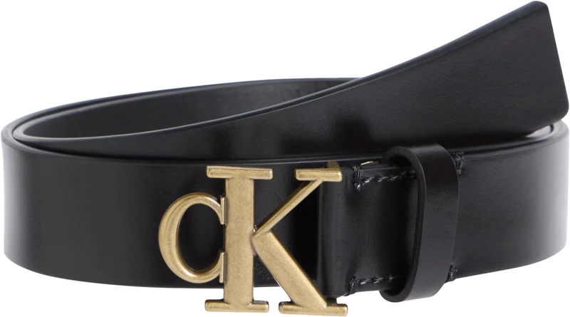 Calvin Klein Women's Monogram Plaque Buckle 3 cm Leather Belt, Black (Black/Tumbled Gold), 41.3 inches