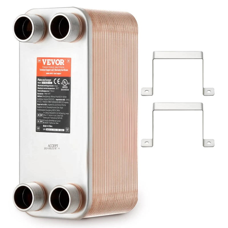 VEVOR Heat Exchanger, 5"x 12" 50 Plates Brazed Plate, Copper/316L Stainless Steel for Floor Heating, Water Heating, Snow Melting, Beer Cooling