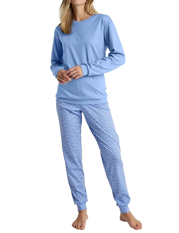 CALIDA Daylight Dreams Women's Cuffed Pyjamas, Skin-friendly, Hypoallergenic, Breathable, Moisture Wicking, Soft Cuffs at the End, Hydrangea Blue, 48-50