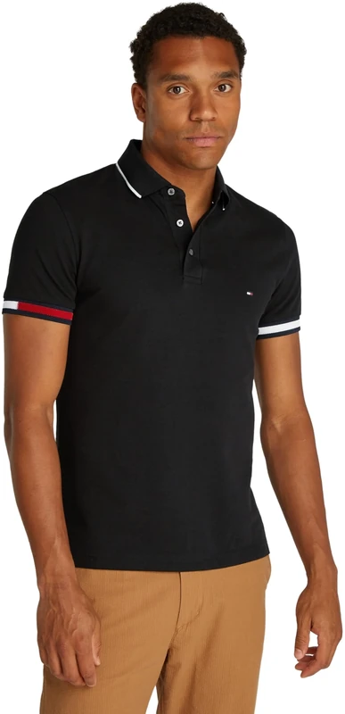Tommy Hilfiger Men’s Short Sleeve Flag Cuff Slim Fit Polo Shirt, Black (Black), XS