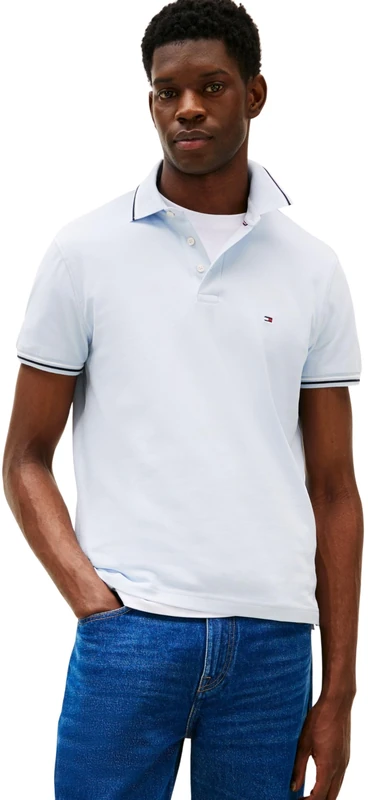 Tommy Hilfiger Men’s Short Sleeve Tipped Seasonal Slim Fit Polo Shirt, Blue (Breezy Blue), XL