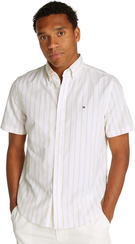 Tommy Hilfiger Men’s Short Sleeve Flex Poplin Shirt, Multicolor (Citronella/Optic White), XS