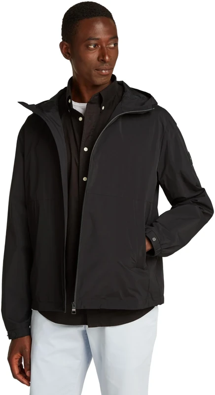Tommy Hilfiger Men’s Sporty Branded Hooded Windbreaker, Black (Black), L