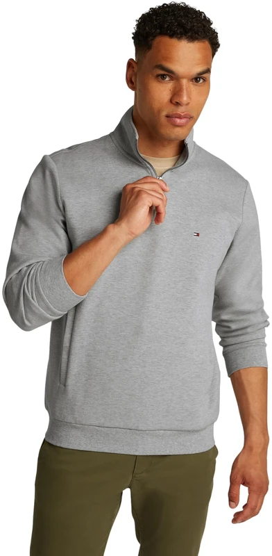 Tommy Hilfiger Men’s Essential Intechno Quarter Zip Sweatshirt with Stand Collar, Grey (Light Grey Heather), XXL