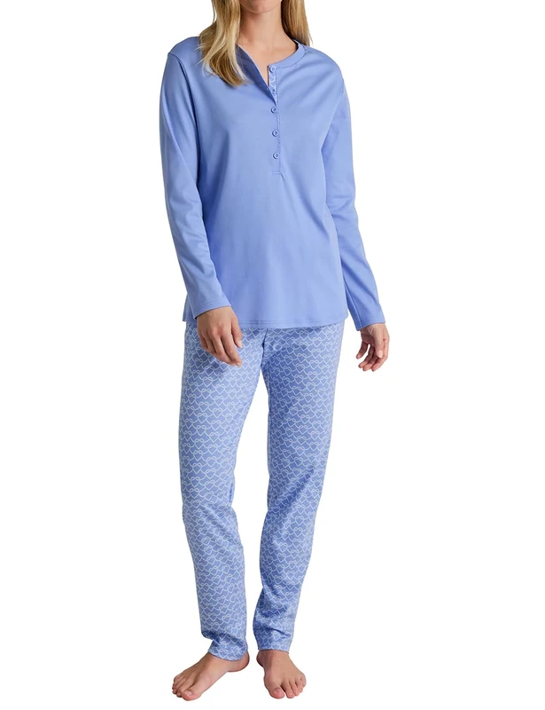 CALIDA Daylight Dreams Women's Long Pyjamas 100% Cotton Breathable and Climate Regulating, Hydrangea Blue, 36-38 - Image 1