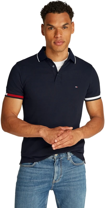 Tommy Hilfiger Men’s Short Sleeve Flag Cuff Slim Fit Polo Shirt, Blue (Desert Sky), XS - Image 1
