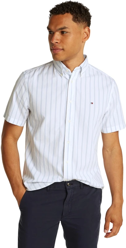 Tommy Hilfiger Men’s Short Sleeve Flex Poplin Shirt, Multicolor (Sweet Blue/Optic White), XS
