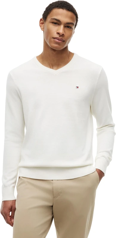 Tommy Hilfiger Men's Essential Cotton V-Neck Jumper - Off-White