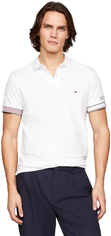 Tommy Hilfiger Men’s Short Sleeve Flag Cuff Slim Fit Polo Shirt, White (White), 3XL