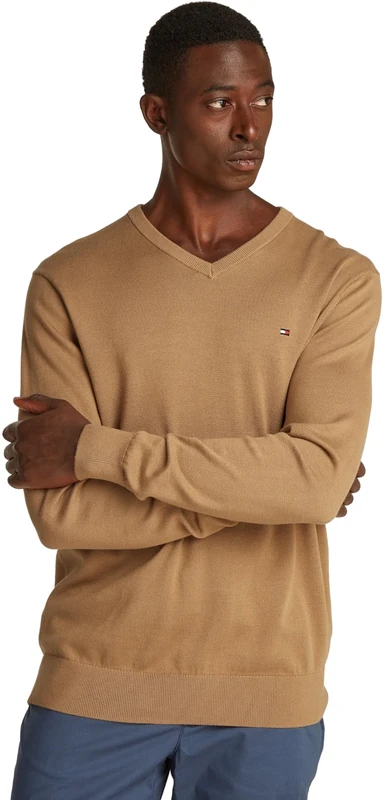 Tommy Hilfiger Men’s V-Neck Essential Cotton Jumper, Beige (Safari Canvas), L