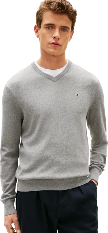 Tommy Hilfiger Men’s V-Neck Essential Cotton Jumper, Grey (Medium Grey Heather), 3XL