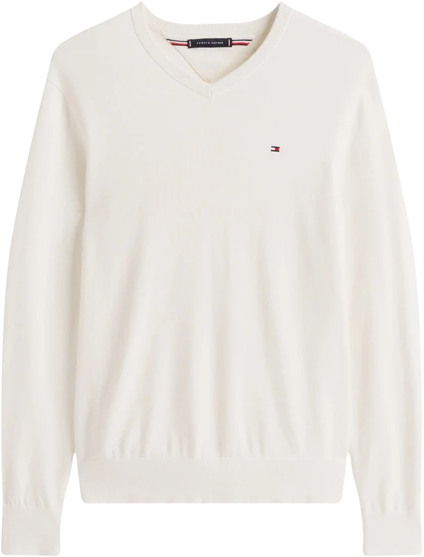 Tommy Hilfiger Men’s Essential Cotton V-Neck Jumper, Off-White (Ivory Petal), XXL