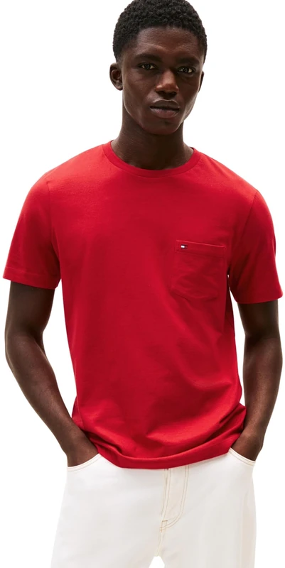 Tommy Hilfiger Men’s Short Sleeve Essential T-Shirt with Breast Pocket, Multicolor (Medium Red), L