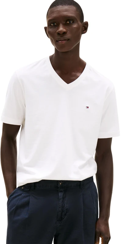 Tommy Hilfiger Men’s Short Sleeve V-Neck Essential T-Shirt, White (White), M