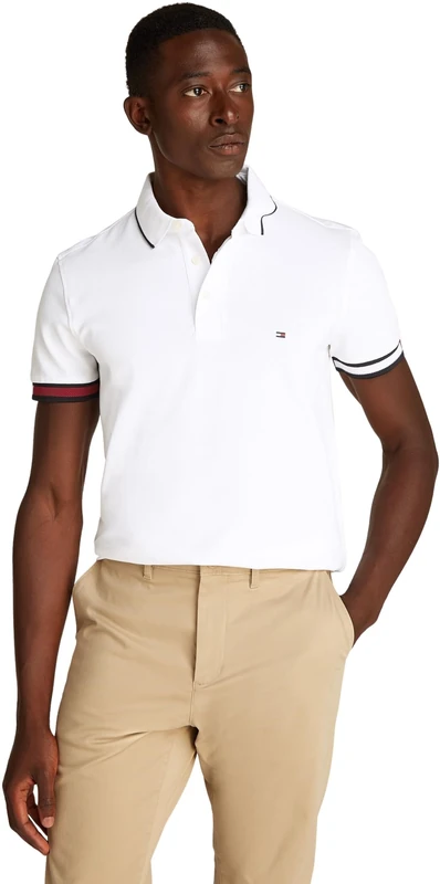 Tommy Hilfiger Men’s Short Sleeve Flag Cuff Slim Fit Polo Shirt, White (White), XS