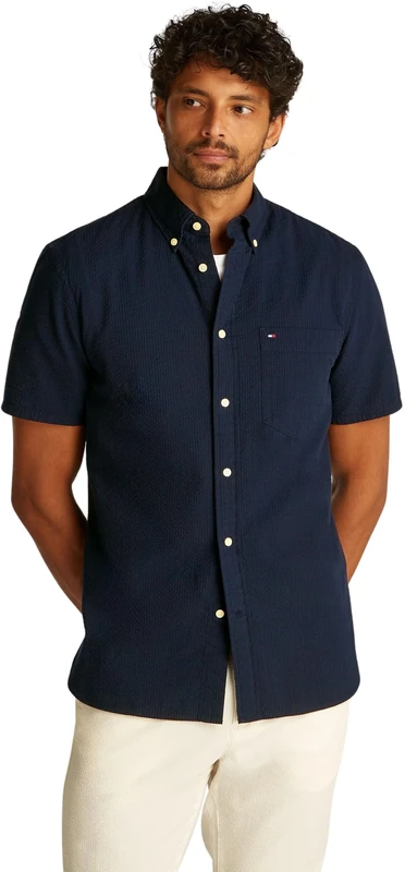 Tommy Hilfiger Men's Seersucker Solid SS RF Shirt MW0MW38570 L/S Shirt, Blue, S