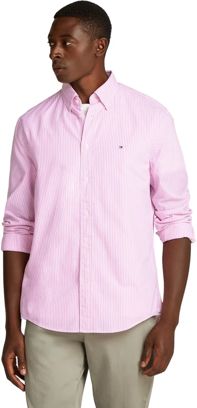 Tommy Hilfiger Men’s Flex Poplin Classic Regular Fit Shirt, Multicolor (Classic Pink/Optic White), M
