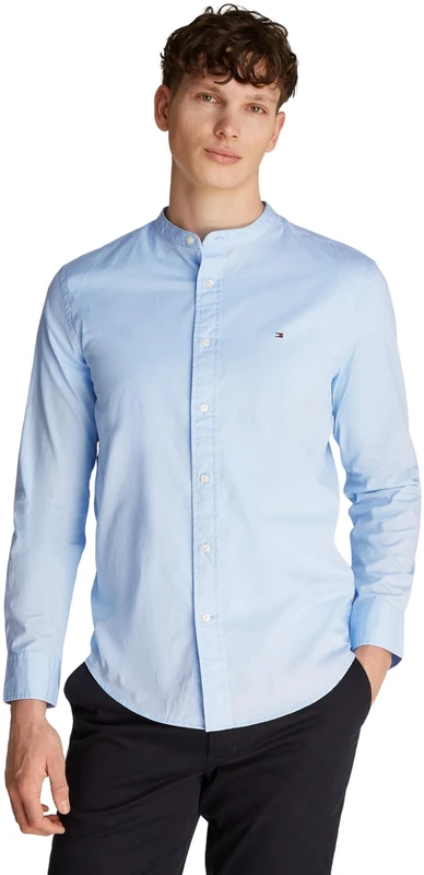 Tommy Hilfiger Men’s Flex Poplin Solid Collarless Regular Fit Shirt, Blue (Sweet Blue), XS