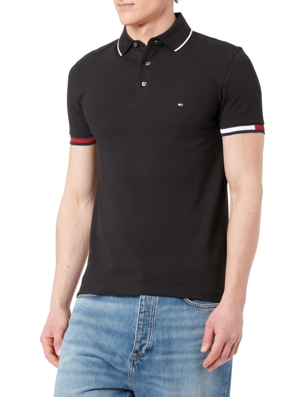 Tommy Hilfiger Men’s Short Sleeve Flag Cuff Slim Fit Polo Shirt, Black (Black), S