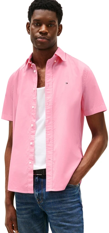 Tommy Hilfiger Men’s Short Sleeve Flex Poplin Solid Shirt, Pink (Classic Pink), M