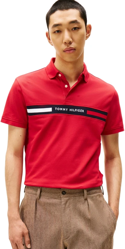 Tommy Hilfiger Men’s Short Sleeve Chest Insert Regular Fit Polo Shirt, Multicolor (Medium Red), XS