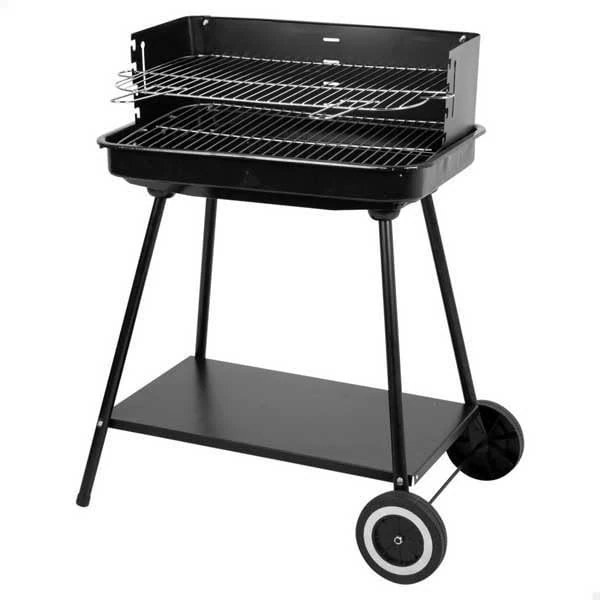 AKTIVE Portable Charcoal Barbecue, 55 x 43 x 82 cm, Stainless Steel Grills and Adjustable 4 Grilling Heights, Windbreak Side Walls, Side Tray, 2 Wheels, Carry Handle (63108)