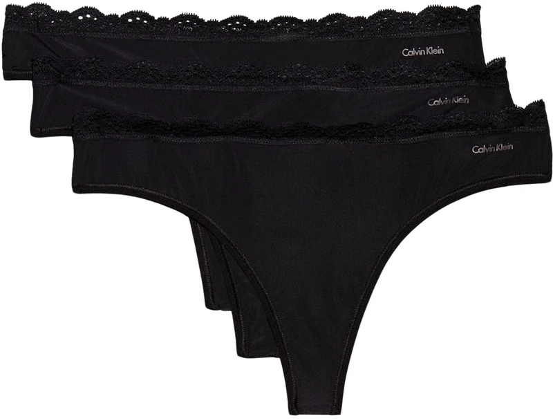 Calvin Klein Women's 3 Pack Thongs with Lace, Black (Black/Black/Black), XL