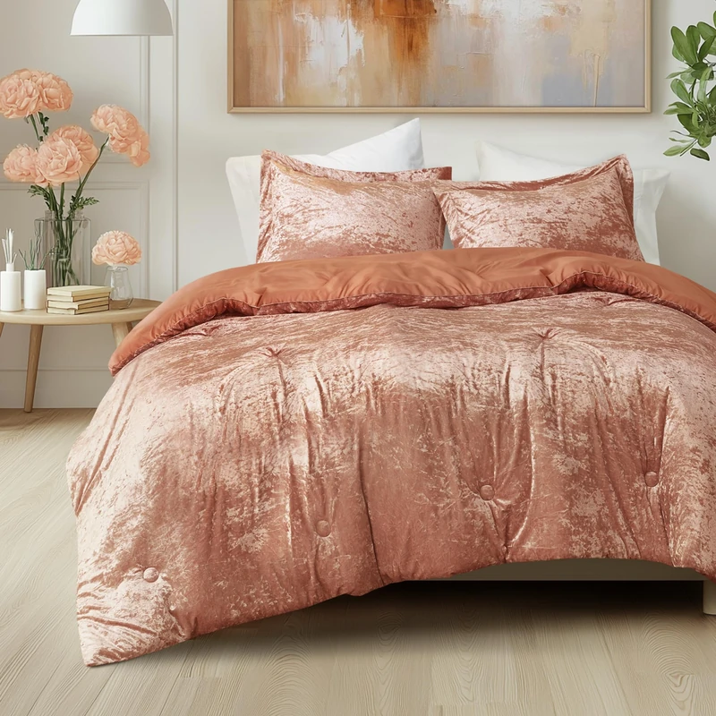 Comfort Spaces Luxe King Comforter Set Velvet Comforters for King Size Bed, Microfiber Reverse, Juliette, All Season Velvet Bedding King Size, Fluffy Bed Set, Sham, King, Burnt Orange 3 Piece