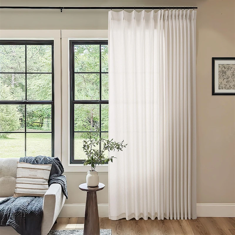 Pinch Pleated Linen 102 Inch Curtains 72 Inch Width for Living Room Divider Light Filtering Semi Sheer Cream Extra Wide Patio Curtains for Sliding Door Balcony Floor to Ceiling Picture Window 72x102 - Image 1