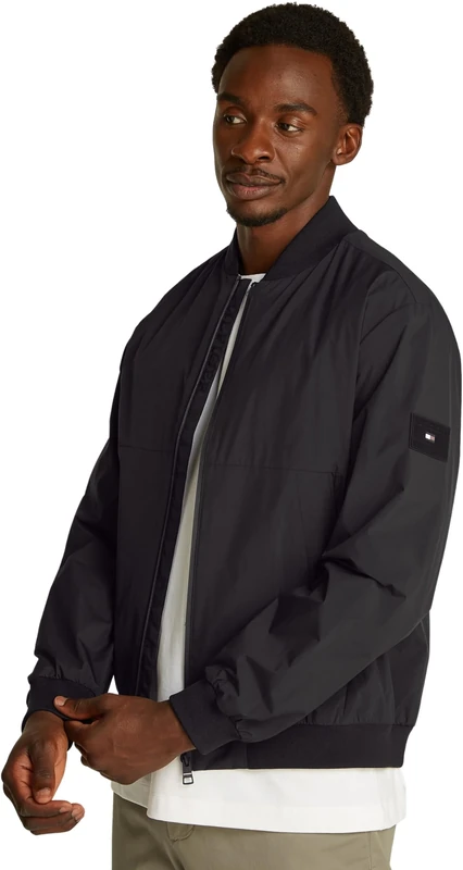 Tommy Hilfiger Men’s Branded Bomber Jacket with Baseball Collar, Black (Black), L