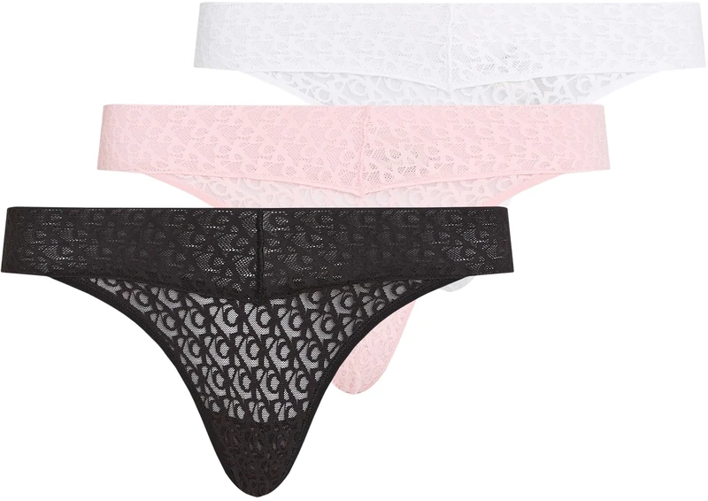 Calvin Klein Women's 3 Pack Low Rise Thongs with Lace, Multicolor (Black/Classic White/Buff Pink), M