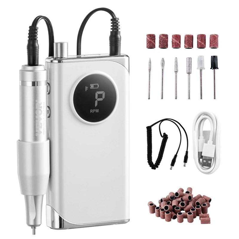 VEVOR Rechargeable Electric Nail File 40000RPM Cordless Portable Nail Sander with LCD Display 6 Tips 50 Sanding Strips Tool for Manicure Pedicure Nail Carving Polish