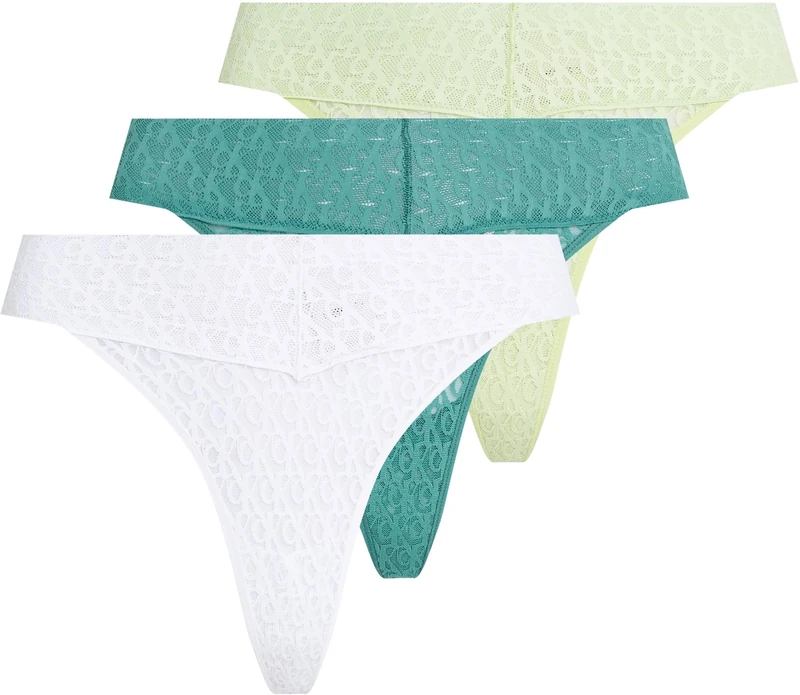 Calvin Klein Women's 3 Pack Low Rise Thongs with Lace, Multicolor (White/Highline Green/Lively Teal), 3XL