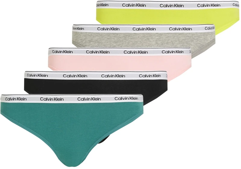 Calvin Klein Women's 5 Pack Low Rise Bikini Briefs Underwear, Multicolor (Blk/Gryhtr/Bf Pk/Lvly Tl/Kwl Lm), L