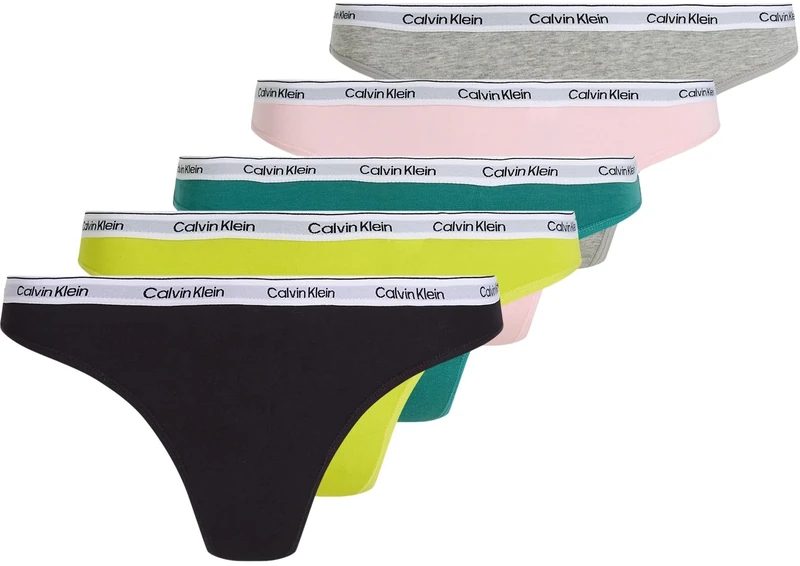 Calvin Klein Women's 5 Pack Low Rise Stretch Cotton Thongs, Multicolor (Blk/Gryhtr/Bf Pk/Lvly Tl/Kwl Lm), M