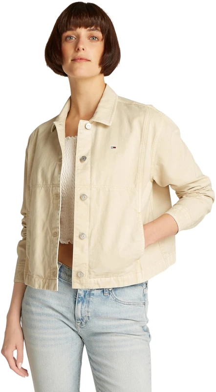 Tommy Jeans Women’s Essential Cotton Jacket with Button Placket, Off-White (Newsprint), XL